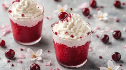 Refreshing cherry slushies topped with whipped cream and sprinkles. Perfect for summer, this image showcases a delicious and visually appealing dessert.