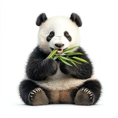 Naklejka premium A cute panda sits happily eating bamboo, showcasing its distinctive black and white fur in a charming pose.
