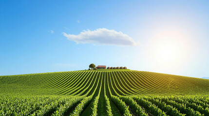Vibrant Vineyard on Hillside Bathed in Warm Sunlight under Blue Sky