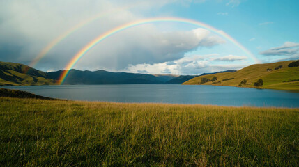 Fototapeta premium Scenic Vibrant Rainbow Arching Over Peaceful Mountain Landscape at Sunset