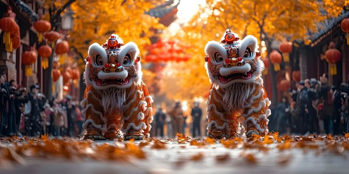 a lion dance performance on the streets of Chinatown