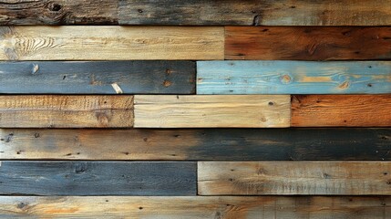Naklejka premium Rustic Wooden Planks Wall Background Featuring Natural Grain Patterns in a Variety of Brown, Blue, and Gray Shades Ideal for Interior Design and Craft Projects