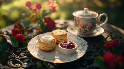 Fototapeta premium Vintage Garden Breakfast Setting with Delicate Tea Cup and Scones