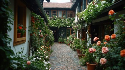 Naklejka premium Serene Garden Pathway Surrounded by Lush Roses and Quaint Architecture in a Picturesque Courtyard Setting for Relaxation and Tranquility
