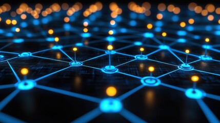 Bright Electronic Network Connection with Points of Light in Blue and Orange Colors Against a Dark Background Representing Technology and Digital Communication