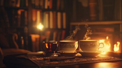 Obraz premium Evening tea therapy session in a warm library, soft lighting, steaming cups, a sense of comfort, and a caring discussion happening by the fire