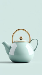 minimalist teapot with gold handle on pastel mint background, exuding elegance and simplicity. Perfect for modern kitchen decor or tea enthusiasts