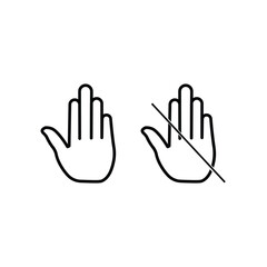 Don't touch hand icon. Isolated lined logotype design elements. Standard symbol user guide. Crossed palm pictogram.
