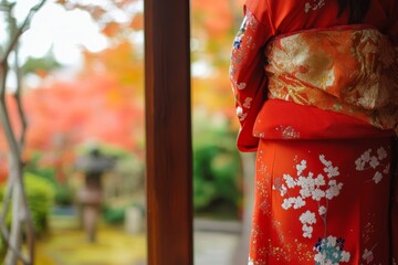 Naklejka premium Traditional Kimono with Vibrant Autumn Background