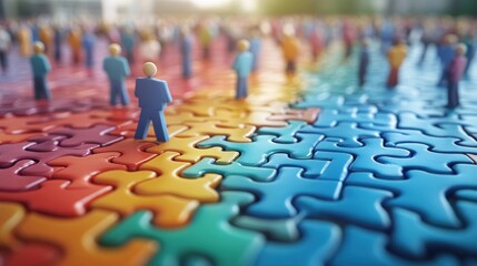 Obraz premium Miniature figures stand on colorful puzzle pieces.