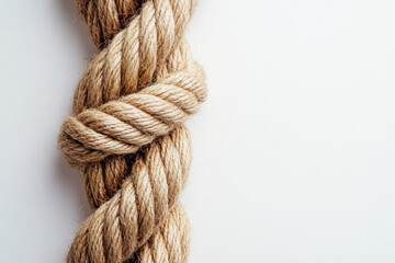 A tightly-knotted rope hanging from a rugged wooden beam.