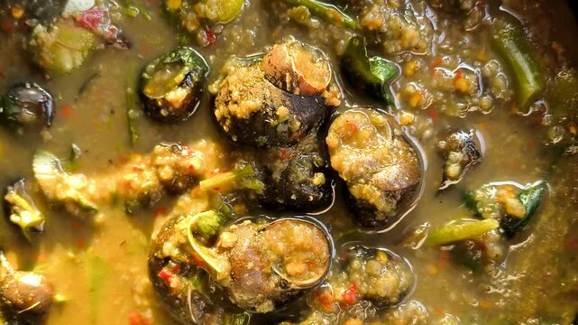 Thai freshwater snail curry in bowl, in door Chiangmai Thailand.