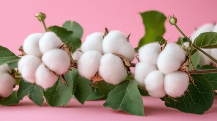 Fresh Cotton Bolls on Branch Against a Soft Pink Background, Symbolizing Natural Agriculture and Sustainable Textile Production