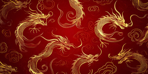 A luxurious background with golden Chinese dragon motifs swirling against a deep red backdrop