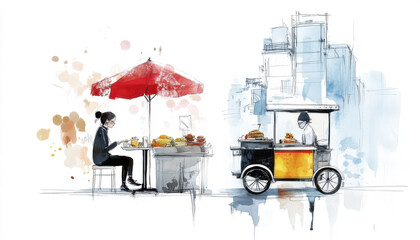 person sitting at cafe enjoying fine meal under red umbrella, with food cart nearby. scene captures vibrant urban atmosphere and culinary delight