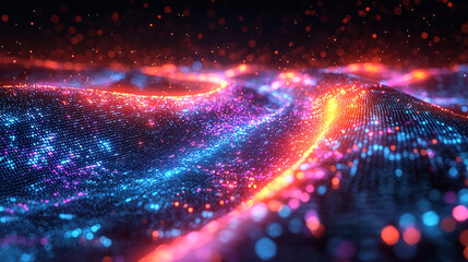 Abstract digital data stream with glowing binary code (0s and 1s) flowing through a dark landscape, illuminated by neon blue, purple, and green, symbolizing technology and information flow
