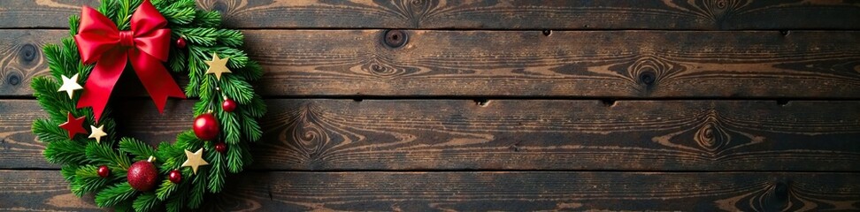 An evergreen wreath with red ribbons and star-shaped decorations on a wooden wall, christmas wreath, decorative wall, star decorations