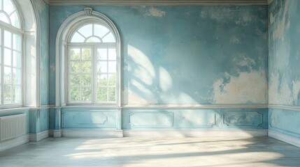 Fototapeta premium Serene Light-filled Room with Vintage Blue Walls and Large Windows Overlooking a Beautiful Landscape, Perfect for Interior Design and Home Decor Projects