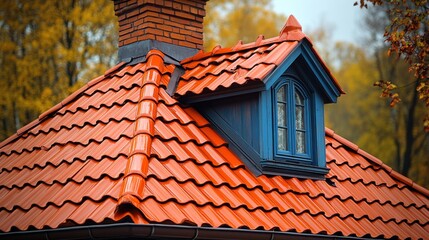 Charming Orange Rooftop with Blue Dormer Window Surrounded by Autumn Foliage in a Cozy Residential Setting Ideal for Architectural and Seasonal Designs