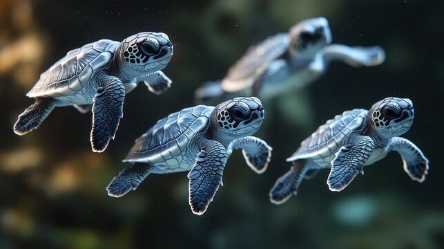 Baby sea turtles swimming in aquarium