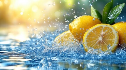 Fresh Juicy Lemons Splashing in Water with Sunlight Reflections, Perfect for Food and Beverage Themes, Health Concepts, and Nature Photography Projects