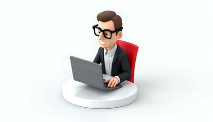 a 3d cartoon of a man in a suit and glasses working on a laptop sitting on a red chair