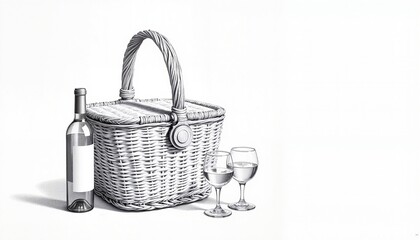 Obraz premium Wicker picnic basket with a bottle of wine and two wine glasses on white background