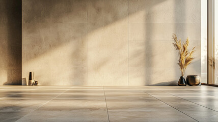 Obraz premium minimalist interior with a wooden floor, an empty wall mockup, sunlight and plants, modern interior design, modern living room, room with wall and window, room with a window, plant pot in room