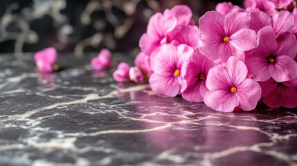 Elegant Arrangement of Pink Flowers on Dark Marble Surface with Soft Focus Highlights Enhancing Floral Beauty and Texture for Appealing Decorative Use