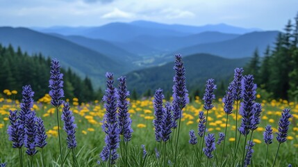 Fototapeta premium Breathtaking Lavender Field with Yellow Wildflowers and Majestic Mountains Under a Cloudy Sky in a Serene Natural Landscape Scene