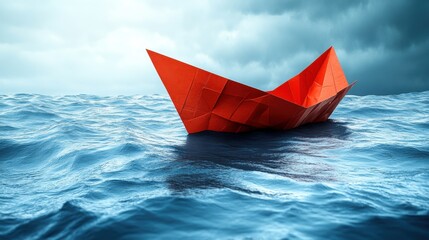Obraz premium An Isolated Red Paper Boat Floating on Turbulent Ocean Waves Under a Dramatic Cloudy Sky, Symbolizing Journey, Adventure, and Creativity in Nature's Elements