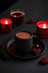 A cozy scene featuring flickering candles and a steaming cup of coffee on a plate, adorned with a charming heart-shaped decoration, perfect for romance.