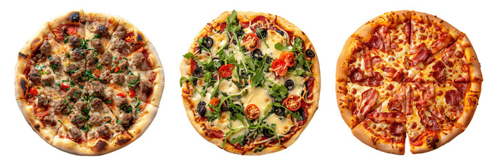 Set of isolated three whole sausage, Veggie, and Bacon pizza on transparent background in top view.