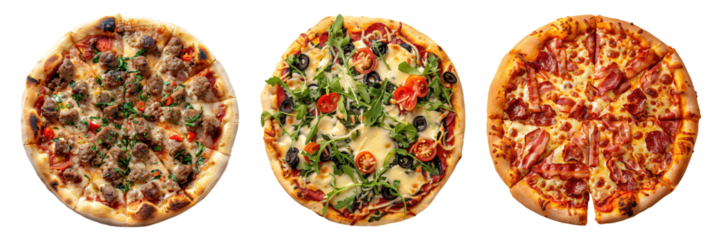 Set of isolated three whole sausage, Veggie, and Bacon pizza on transparent background in top view.