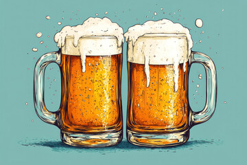 Two foamy beer mugs on a wooden table, condensation glistening in warm lighting, inviting a refreshing sip on a cozy evening.