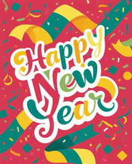 A festive "Happy New Year" illustration with confetti.