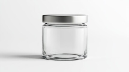 Clear glass jar with silver lid; perfect for food, cosmetics, or other product displays. Ideal for mockups showcasing your brand's packaging designs and product presentations.