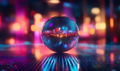 Reflective sphere in vibrant city lights