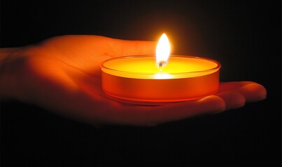 A hand holding a lit candle in a dark setting, symbolizing warmth and tranquility.