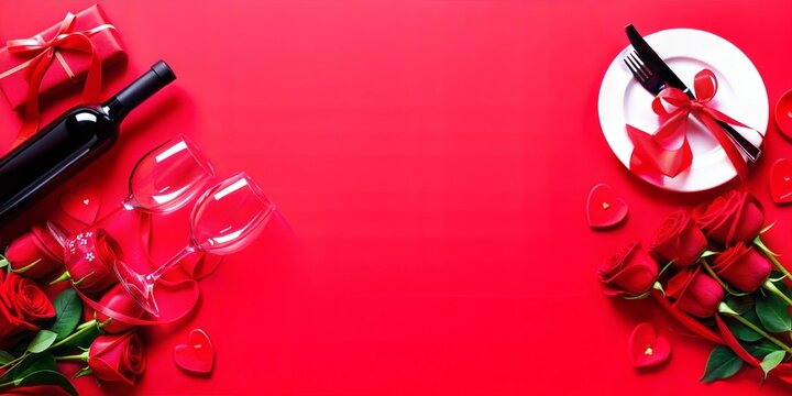 Valentines Day Dinner Red Romantic Table Setting Wine Gift Red Roses