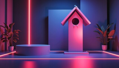 Charming Retro Styled Pink Birdhouse Surrounded By Tropical Plants In Elegant Display