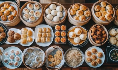 Dim sum banquet table, restaurant, overhead view, food photography