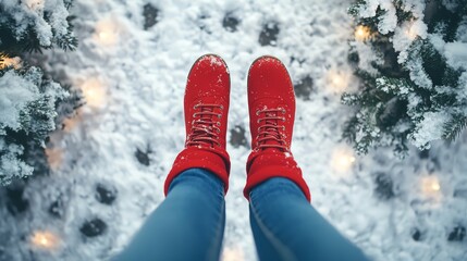 Feet in red boots on snowy ground with lights.