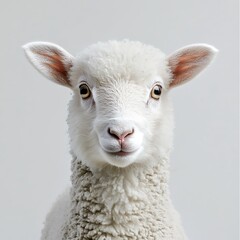 Fototapeta premium Cute lamb portrait, farm animal, white background, peaceful scene, ideal for agriculture or pet themes.