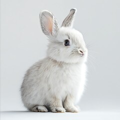 Obraz premium Fluffy white bunny rabbit sitting, studio shot, simple background, Easter card.