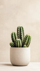 photorealistic rendering of cactus in textured pot, showcasing its vibrant green color against soft pastel background. This evokes sense of tranquility and nature