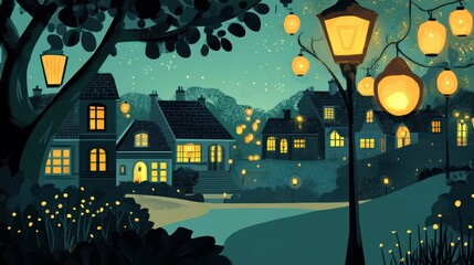 Obraz premium Enchanting Night Scene with Illuminated Houses and Lanterns