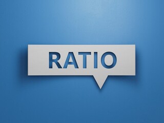 Speech Bubble block with RATIO business word. Mission.Minimalist Abstract Design With White Cut Out Paper.3D rendering on blue background.