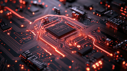 Obraz premium Glowing CPU on circuit board with active data flow