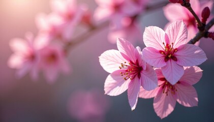 Delicate pink petals unfolding on a Himalayan cherry branch, wild cherry blossoms, flower arrangement, color palette